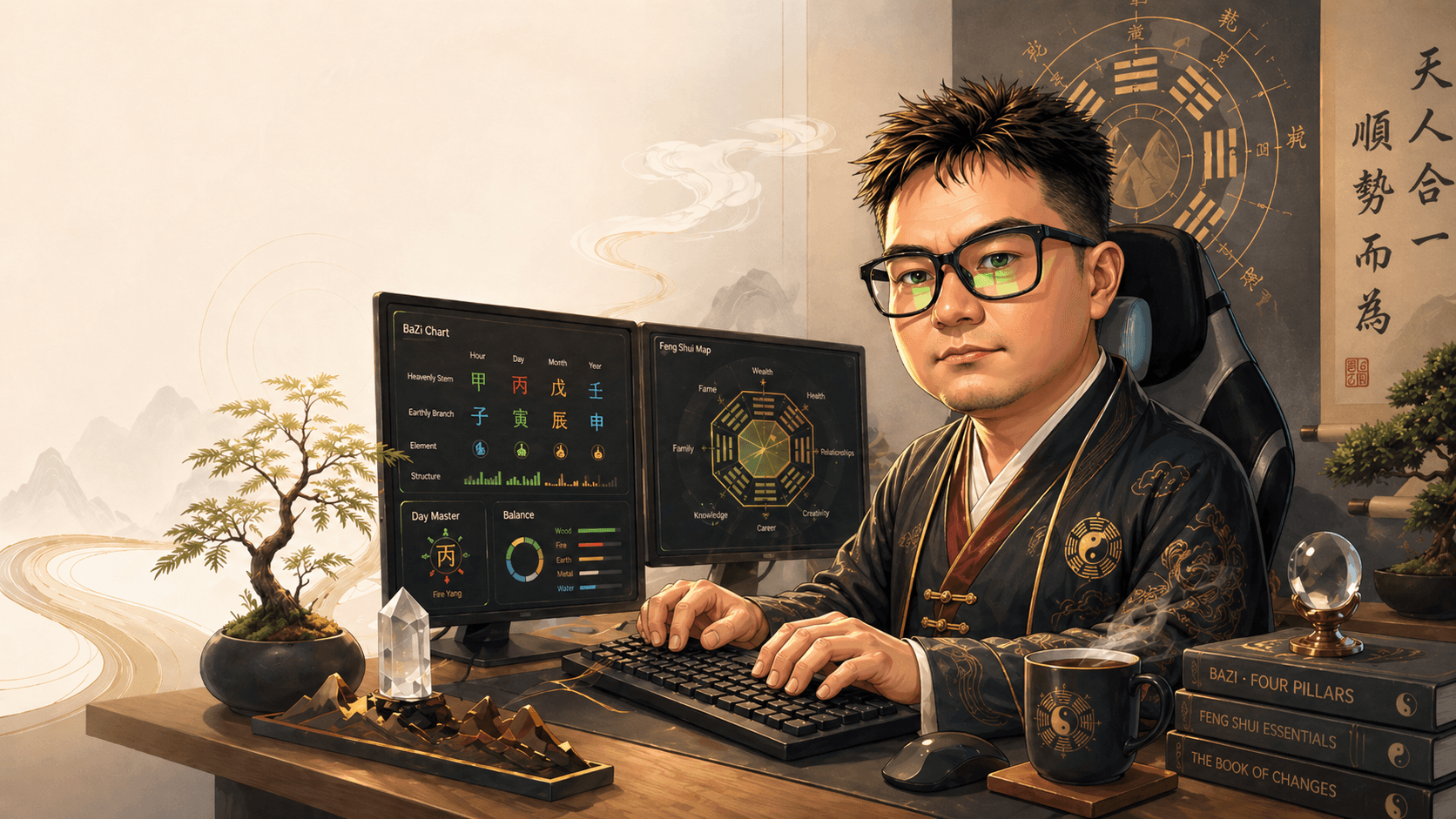 Digital Master 豪 at his digital workspace — classical references, modern tools